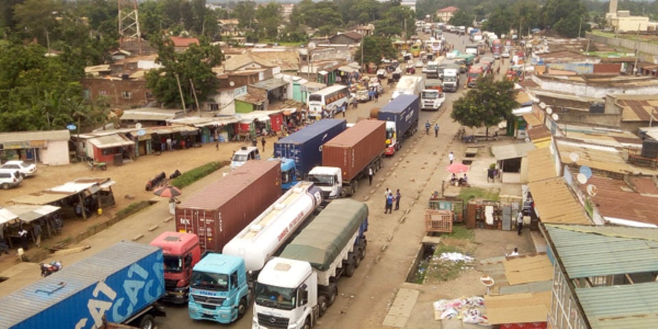 Trucks queue up at Malaba after clearing agents went on strike protesting the continued rerouting of empty trucks from the border to Lwakhakha border last week. 